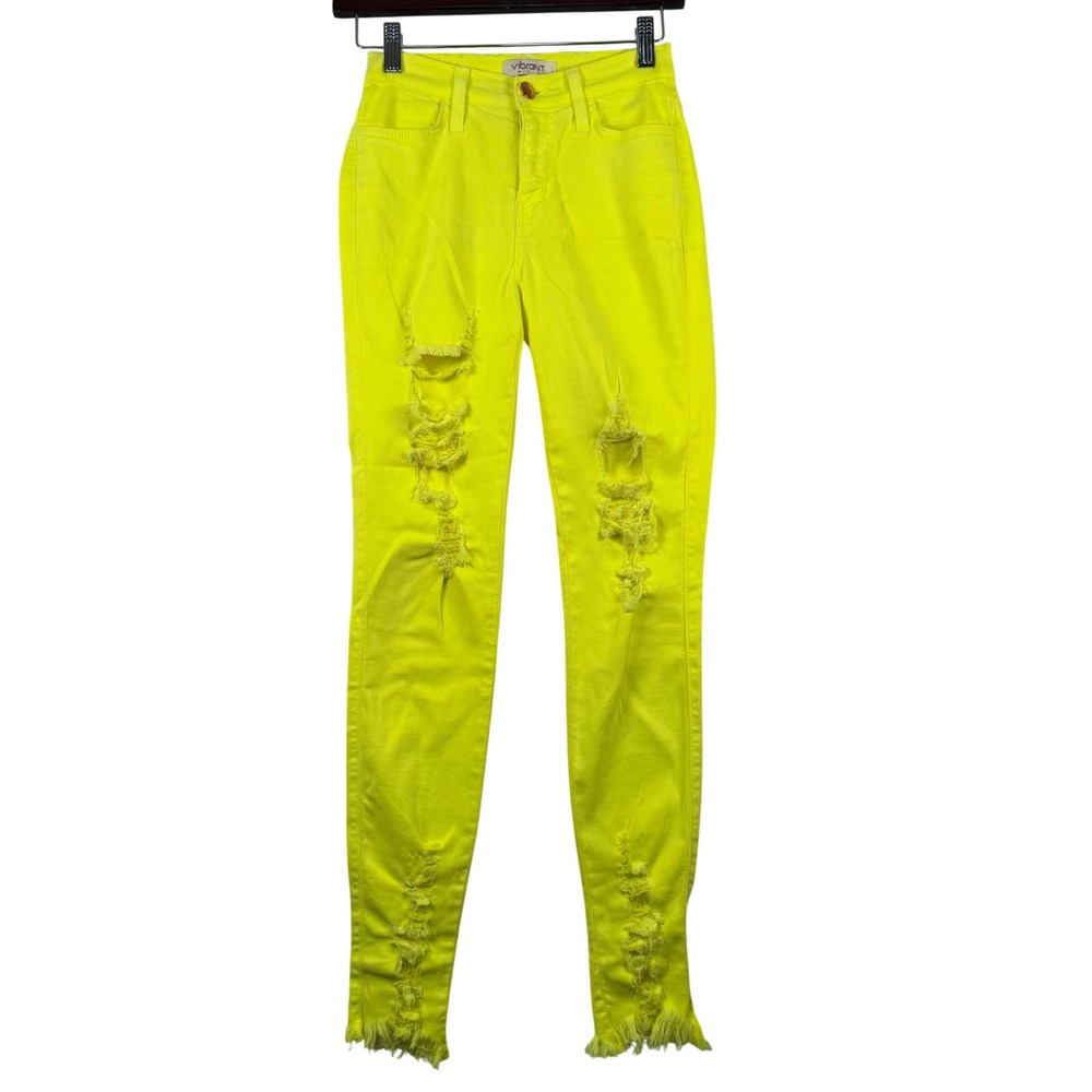 Vibrant M.I.U 3 Skinny Jeans Neon‎ Yellow Distressed Ripped Streetwear USA Made